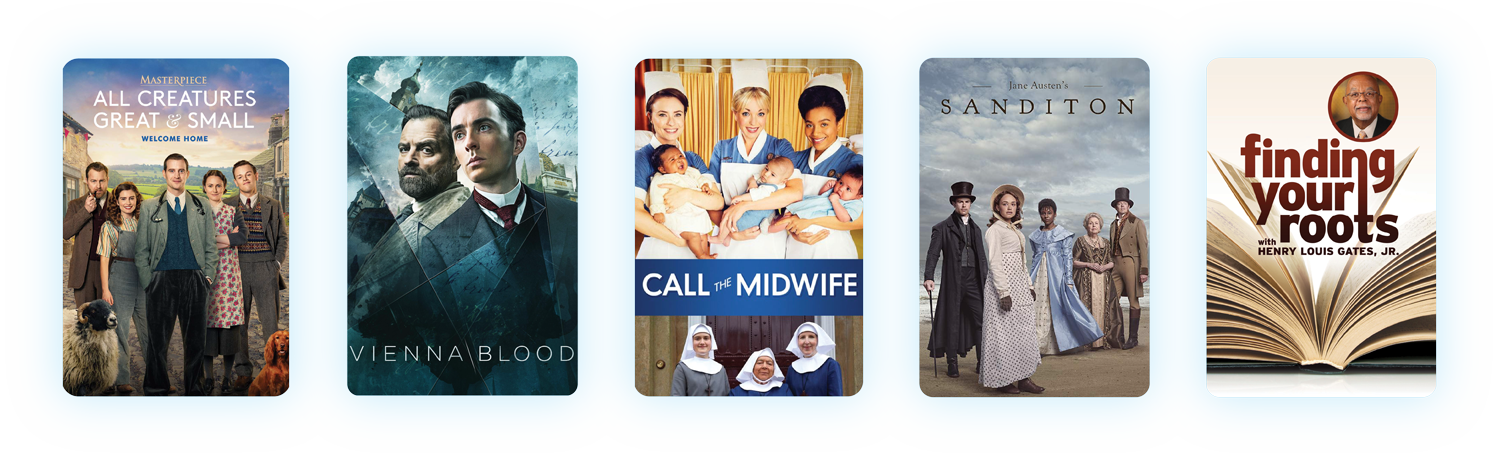 Title cards for All Creatures Great and Small, Vienna Blood, Call the Midwife, Sanditon and Finding Your Roots