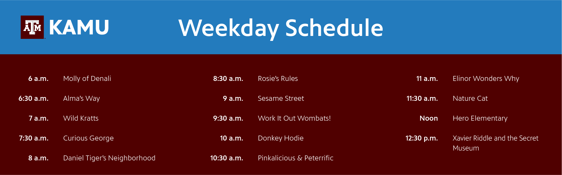 the KAMU Weekday Kids Schedule showing the changes written below.