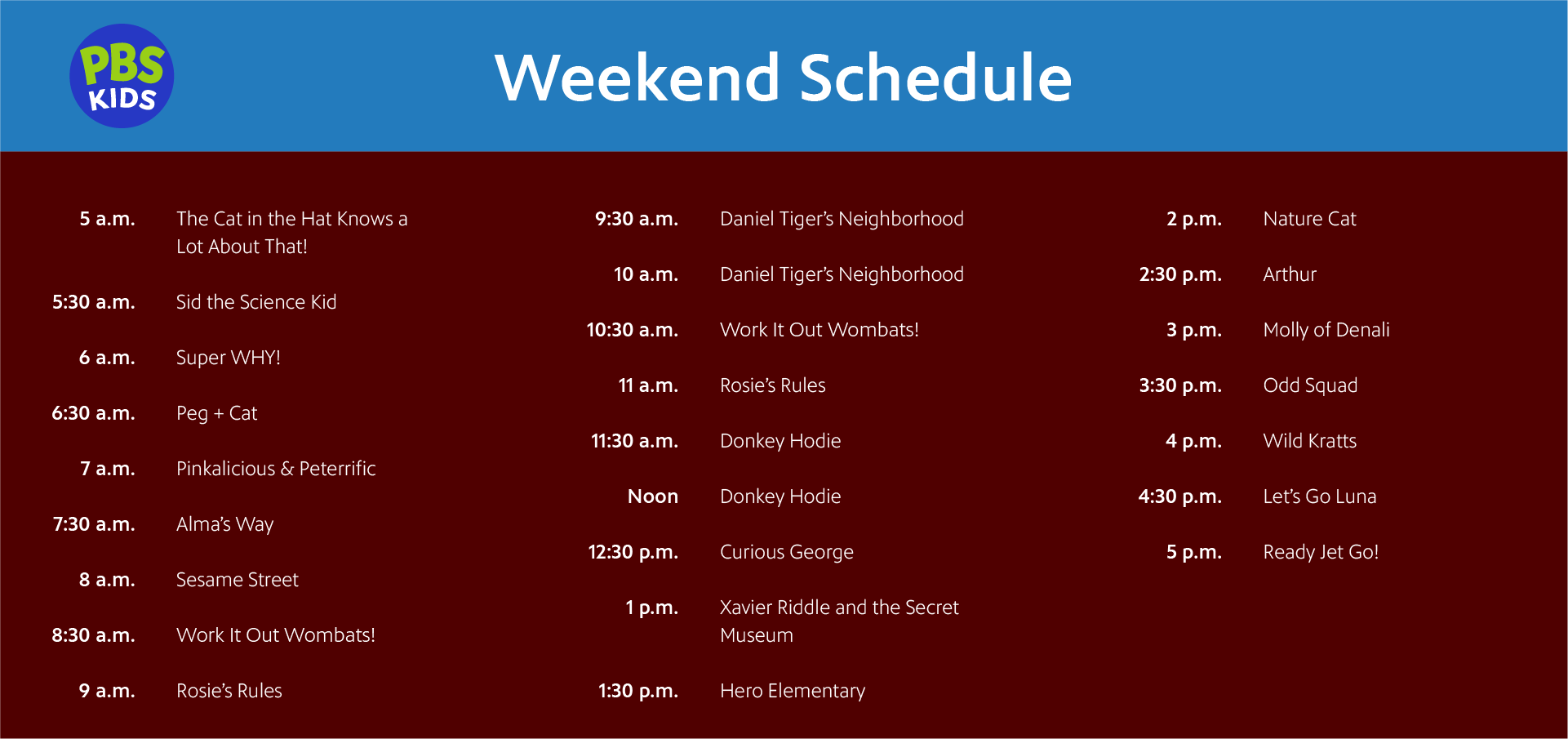 the PBS Kids Weekend Schedule showing the changes written below.
