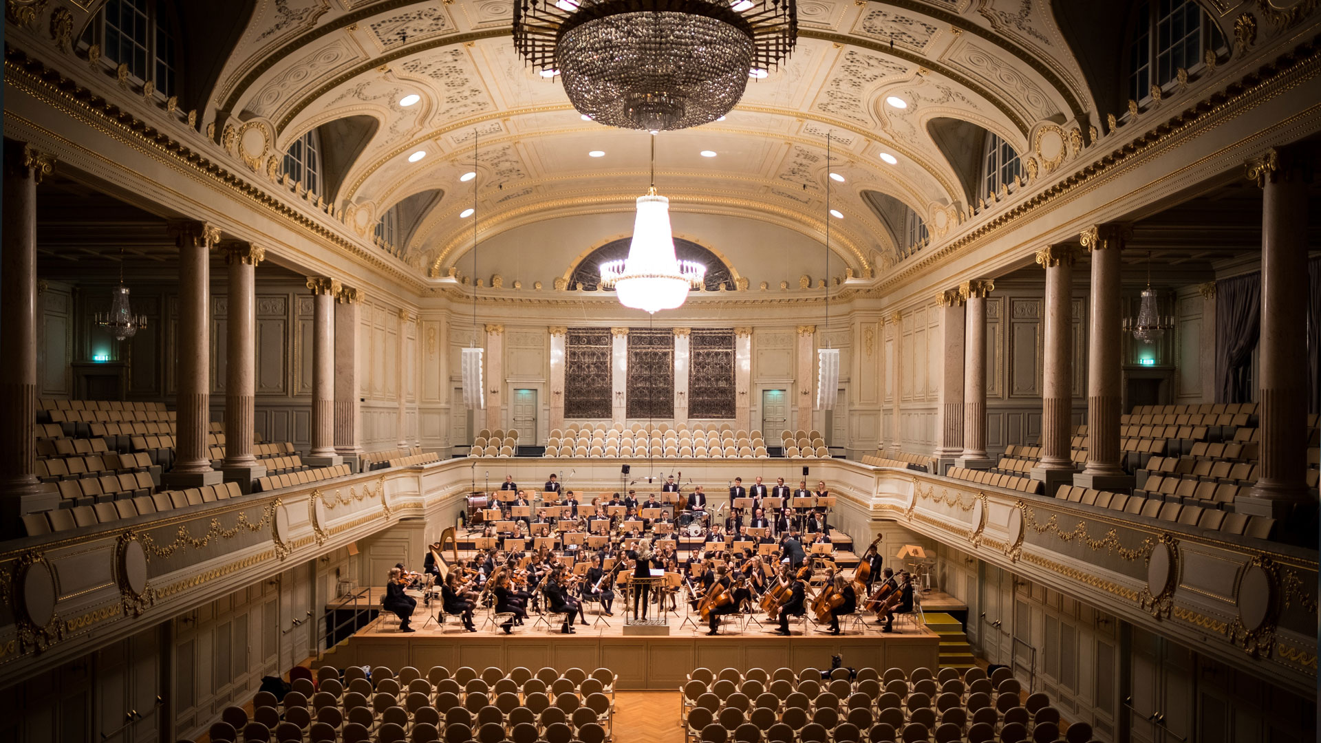 orchestra plays in a beautiful concert hall