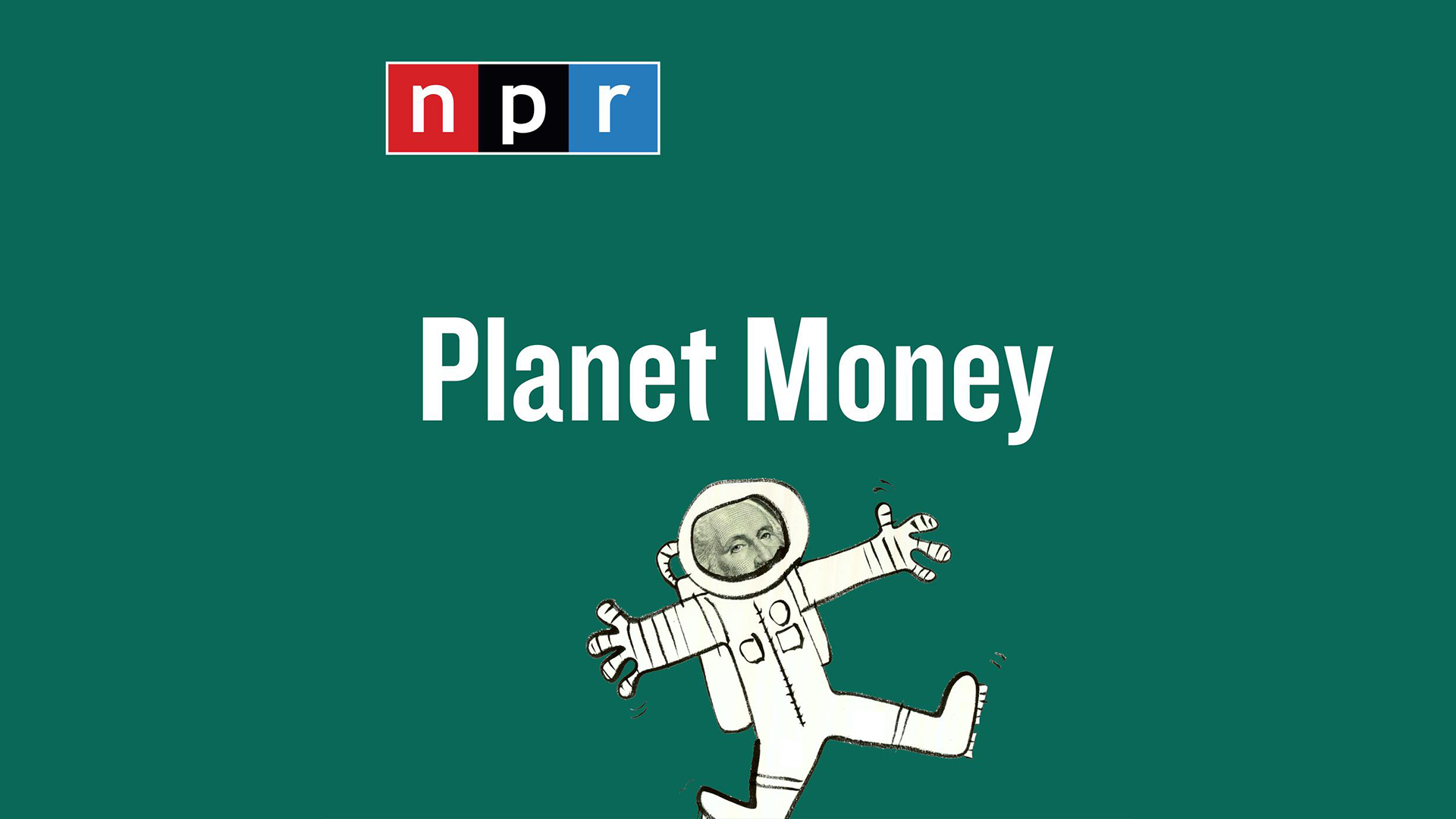 Planet Money from NPR logo featuring George Washington's face from a 1 dollar bill as an astronaut