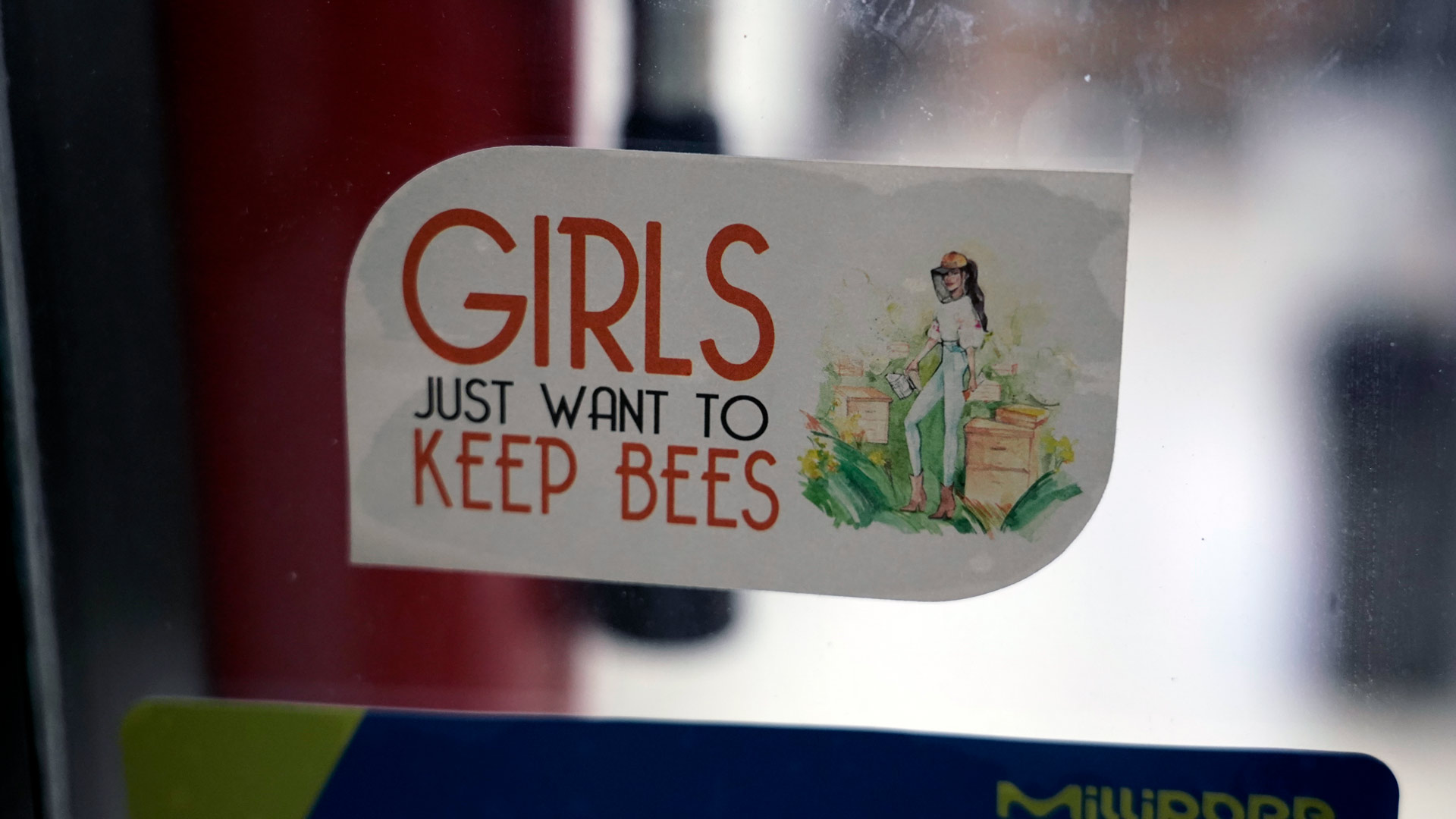 A sticker on a window that says Girls Just Want to Keep Bees.