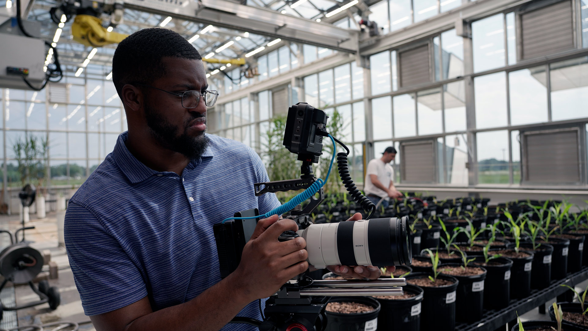 A crew member films plants at a greenhouse.