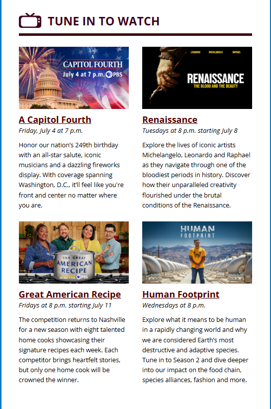 A Tune in to Watch example from a recent KAMU newsletter.