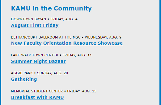 An excerpt from the KAMU newsletter showing local community events.