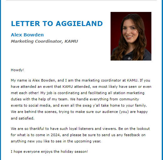 An excerpt from the KAMU newsletter showing the Letter to Aggieland.