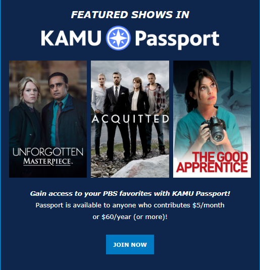 An excerpt from the KAMU newsletter showing featured Passport shows.