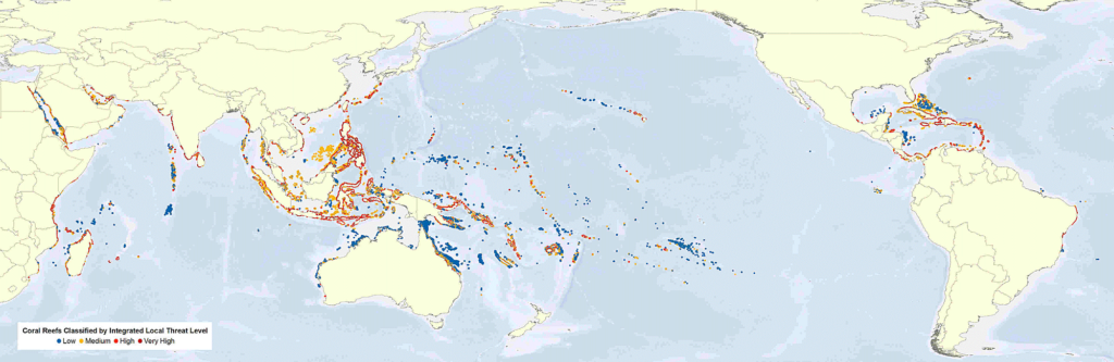 Map of coral reefs that are impacted by stressors
