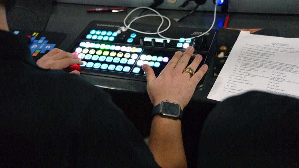 Close up of director's aggie ring on switcher