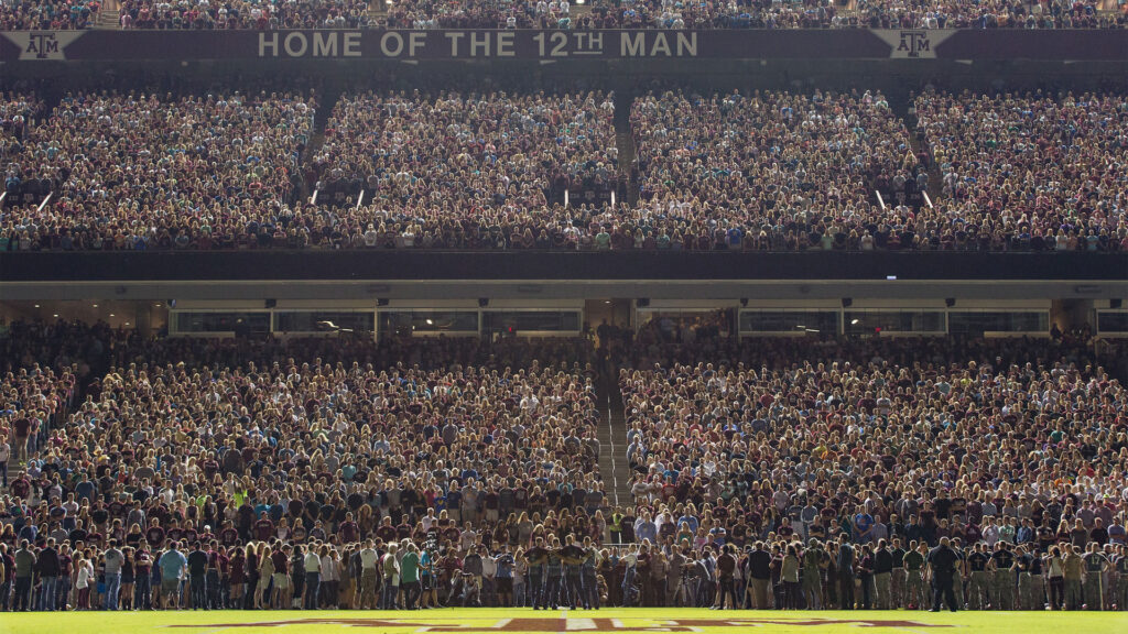 A picture of the large crowd gathered in Kyle Field for Midnight Yell.