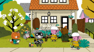 Carl and his friends from Carl the Collector hang out and play in the front yard.