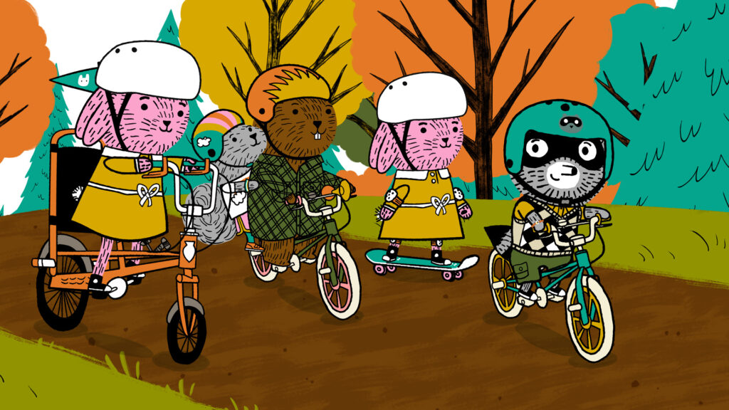 Carl and his friends from Carl the Collector ride bicycles.