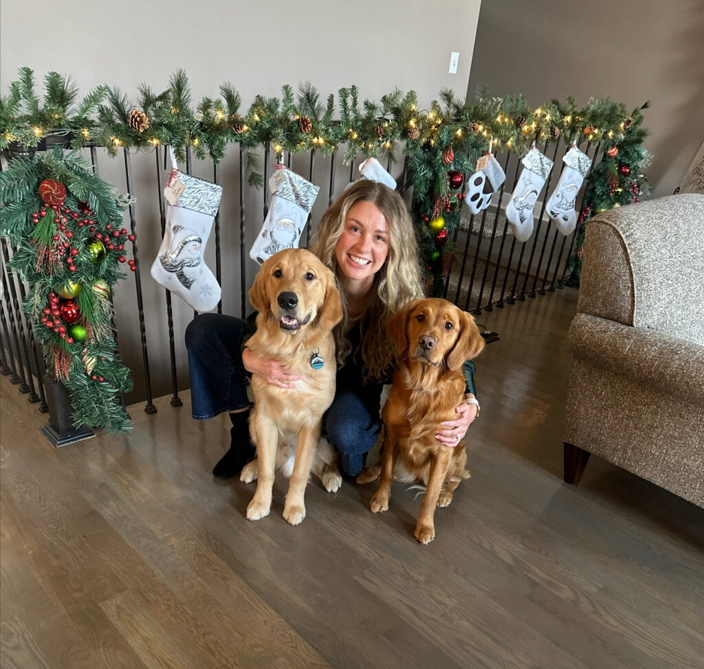 Dr. Abby Ostronic with Remi, a red Golden Retriever & Rueger, a gold Golden Retriever