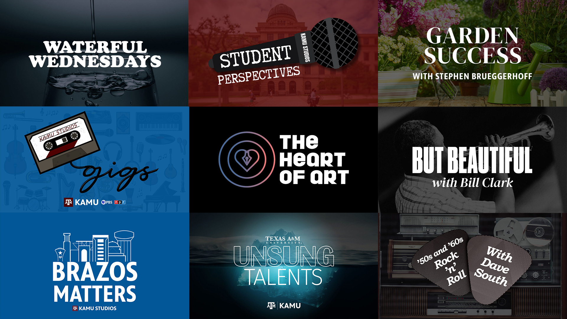 Logos of KAMU's Local Shows, Series and Podcasts