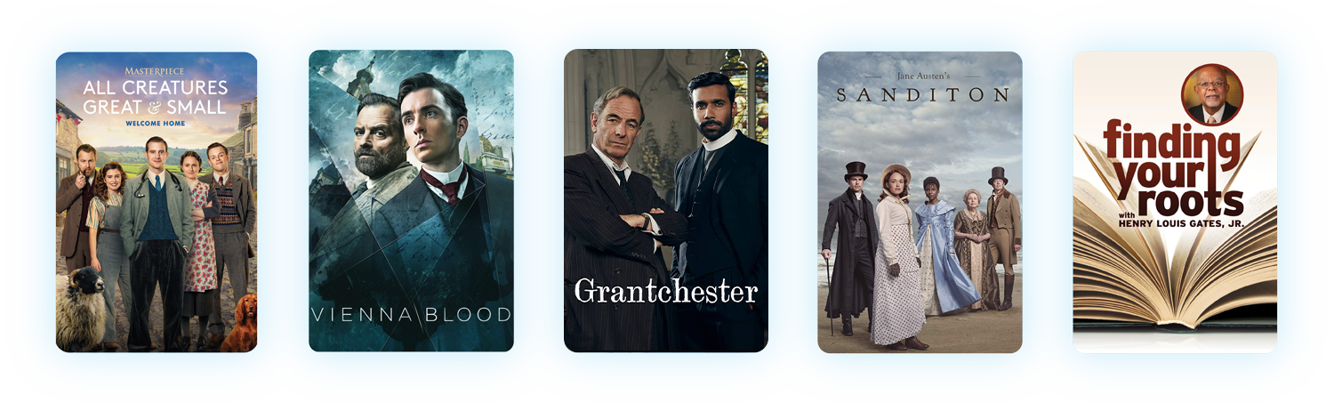 Title cards for All Creatures Great and Small, Vienna Blood, Call the Midwife, Sanditon and Finding Your Roots