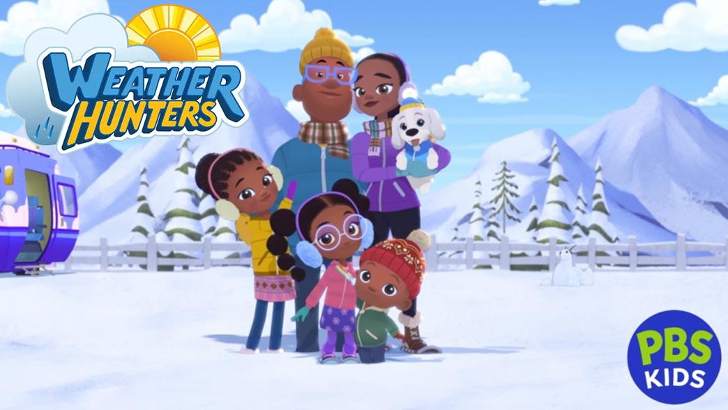 Text reading "Weather Hunters & PBS Kids" over a background image of a cartoon family standing in the snow in front of mountains and an RV