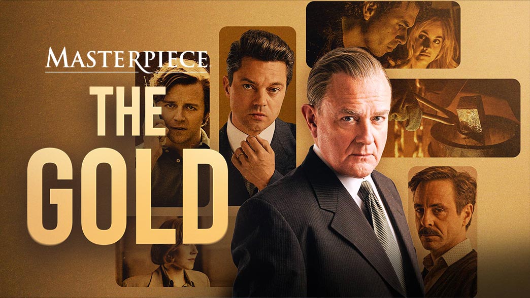 title card for the Masterpiece series "The Gold" featuring images of some characters