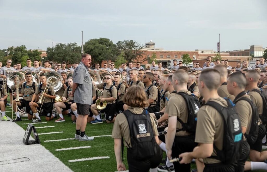 Former Aggie Band Director, Col. Jay Brewer ’81, speaking to band members of the class of 2029 during Freshman Orientation Week on Aug. 21, 2025.