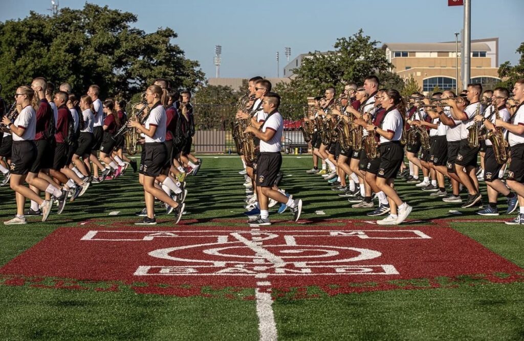 The Aggie Band rehearsing for the first halftime performance of the 2023 season.